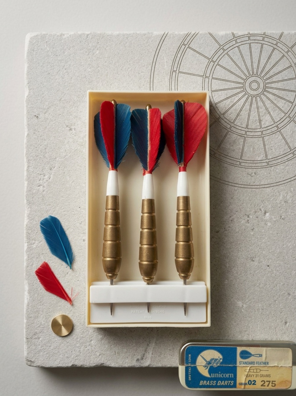 Vintage 1968 Unicorn Brass Darts 31g Steel Tip Feather Flights Case Made England